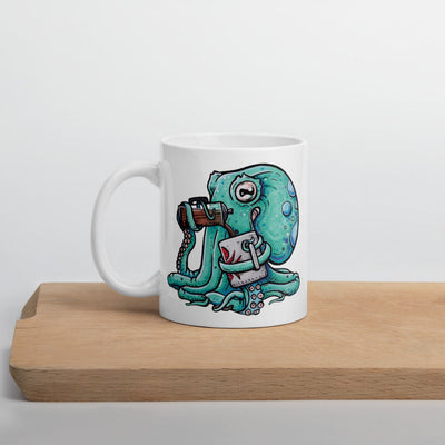 Common octopus pouring french press coffee into crab mug design on ceramic mug available in both 18oz and 20oz sizes