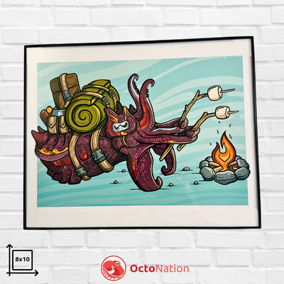Close-up of Campfire Cuttle print showing the cuttlefish’s gear-packed back and roasting marshmallows on sticks