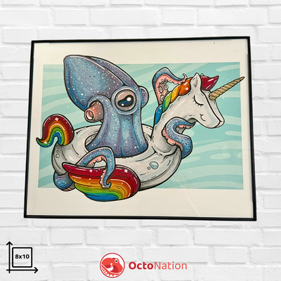 Cosmic Carli – 8x10 unframed art print featuring a Pearl Octopus (*Muusoctopus robustus*) riding a rainbow unicorn floatie, OctoNation exclusive.