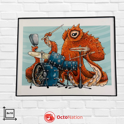 Framed artwork of an octopus playing drums on a white brick wall background, with 'OctoNation' branding.