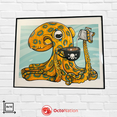 Latte Luna – 8x10 unframed art print featuring a Greater Blue-Ringed Octopus (*Hapalochlaena lunulata*) with glowing blue rings and a skull-adorned coffee cup, OctoNation exclusive.