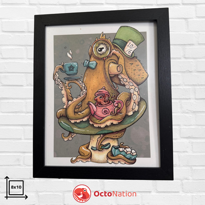 Mad Hatter Tea Party Octopus – 8x10 unframed art print featuring a whimsical octopus wearing a top hat, perched on a green mushroom, holding tea and a pink teapot, OctoNation exclusive.