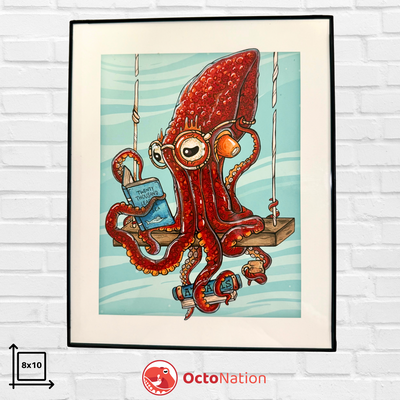 Reading Roxie – 8x10 unframed art print featuring a Ruby Octopus (*Octopus rubescens*) reading 'Twenty Thousand Leagues Under the Sea' on a floating swing, OctoNation exclusive.