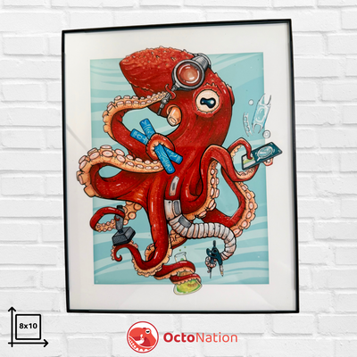 STEM Octo – 8x10 unframed art print of a Giant Pacific Octopus (*Enteroctopus dofleini*) sporting protective science goggles, holding blueprints, a robotic arm, joystick, beaker and compass, OctoNation exclusive.