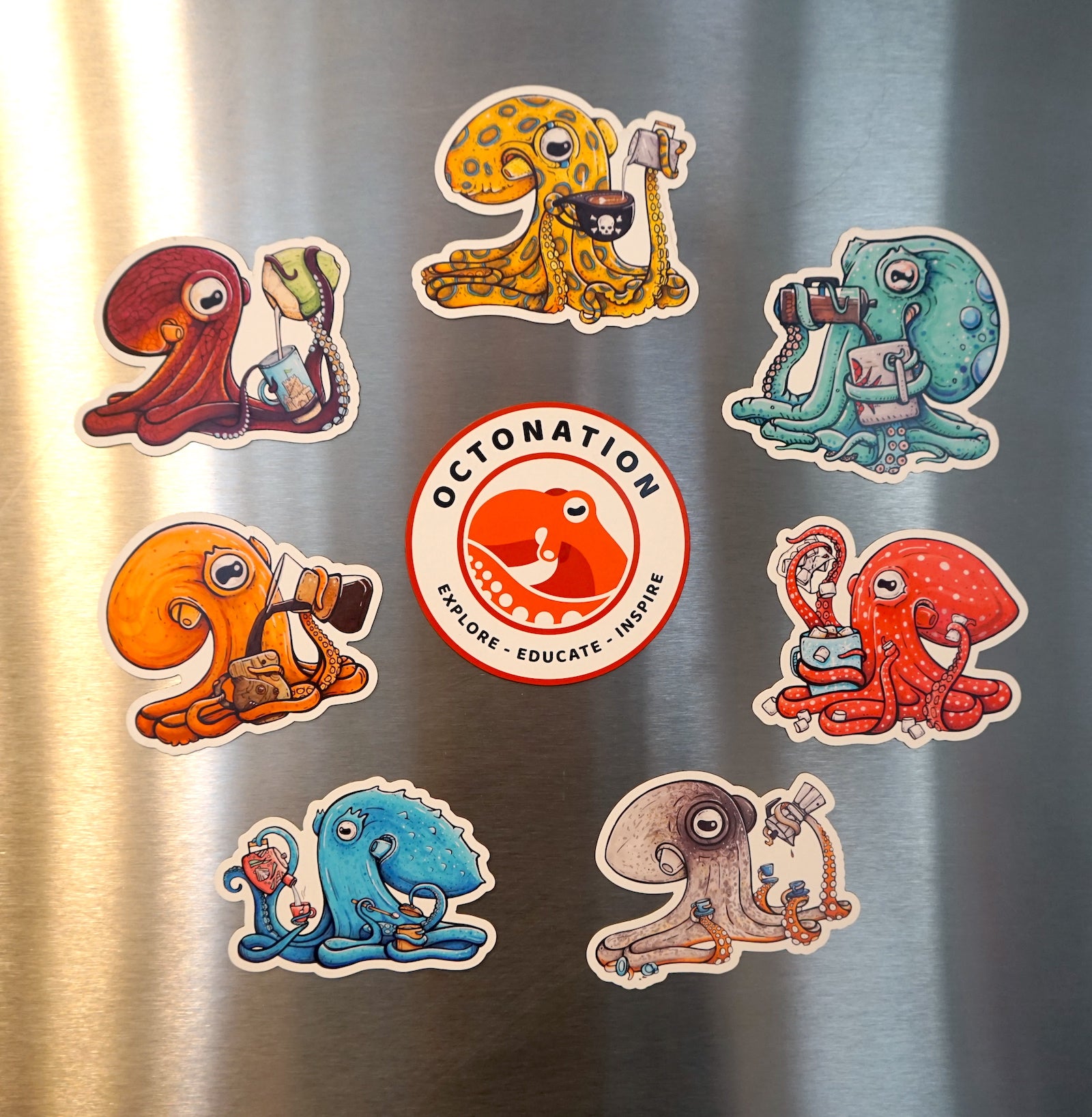 Octopus Magnets 7 Magnet Pack: The OctoBaristas! Octopus Making Coffe / Tea, Octopus F ...